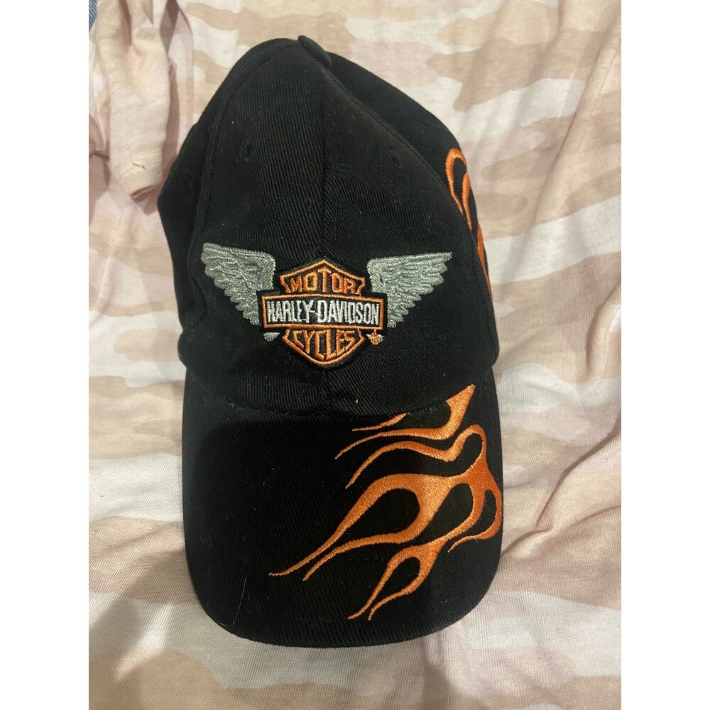 Harley Davidson Hat Black W/ Orange Flame Baseball Cap Adjustable Wings Official